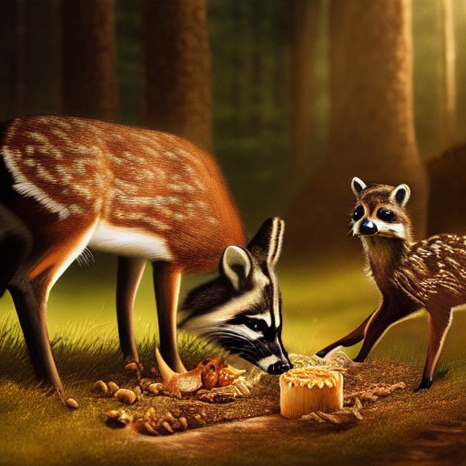 Anne, surrounded by a curious deer, a cunning fox, and a mischievous raccoon, hesitates as they gaze longingly at the mouth-watering goodies, torn between her own hunger and the desire to keep it all for herself.