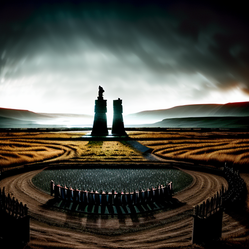 In the silhouettes of dawn, an exhausted but triumphant Merlin carves intricate signs of the Rebellion into his staff while in the backdrop, the iconic stone circle stands, hinting at the Age of Legends.