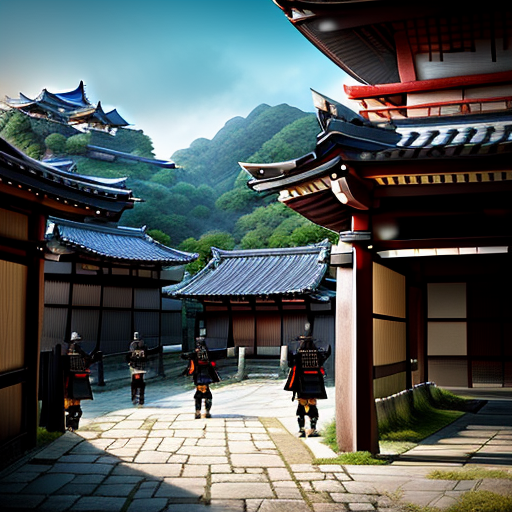 The seven samurais, battered but undefeated, standing tall at the village entrance; behind them, the fortress smolders in the distance, while the villagers cheer for their returning heroes.
