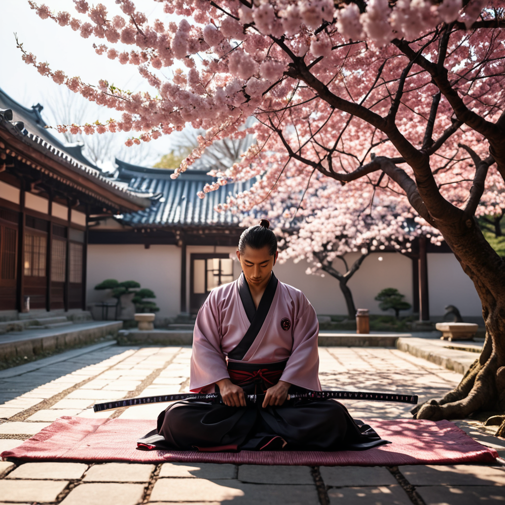 The sun shines down on a peaceful courtyard filled with cherry blossom trees, where Yoshitsune sits cross-legged, carefully polishing his katana.