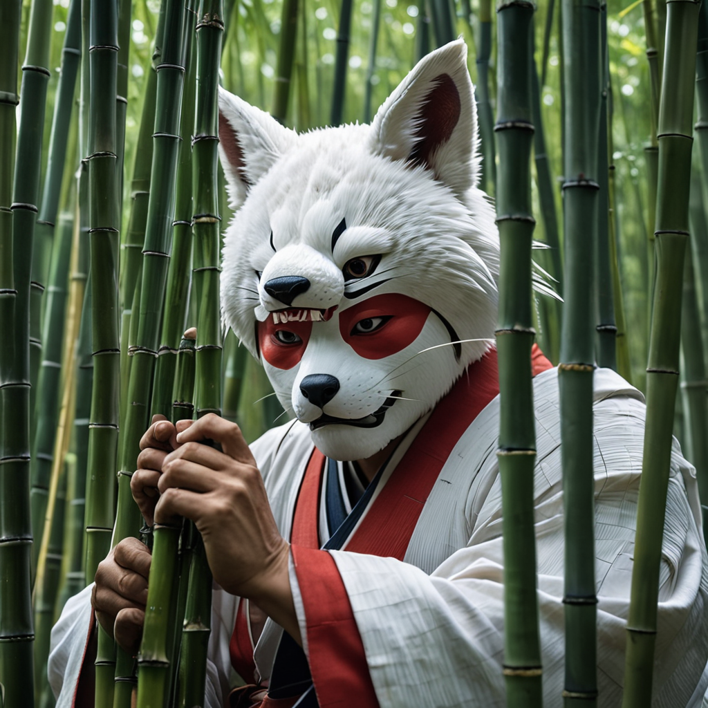 In quick, determined movements, Yoshitsune slices through thick bamboo stalks, his facial expression intense and focused.