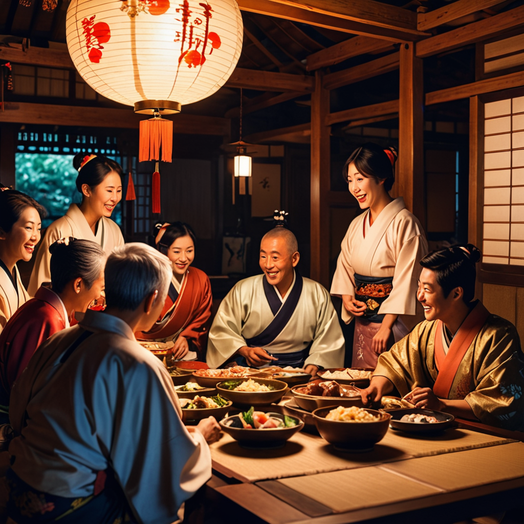 Under a paper lantern light, Yoshitsune sits with fellow villagers around a low table filled with traditional Japanese meals, laughter filling the air.