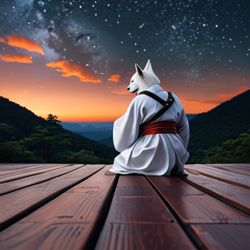 Yoshitsune sits on a wooden deck looking up at the vast, star-studded sky, a look of longing and curiosity in his eyes.