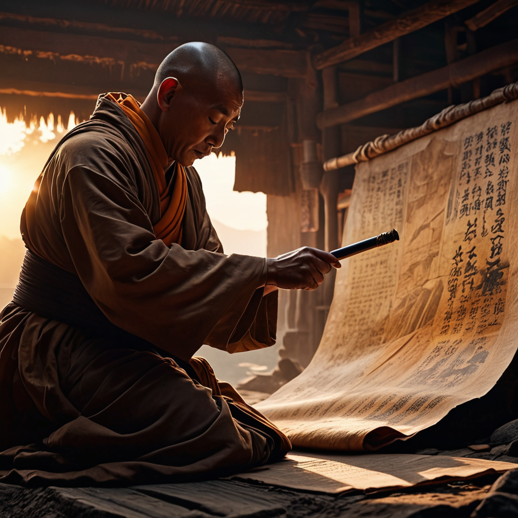 Under the hushed attention of the villagers, the monk unravels an aged, worn-out scroll depicting the prophecy, pointing to a silhouette of a samurai against a rising sun.