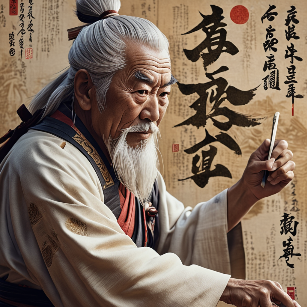 The village elder, with wise and serious eyes, places his gnarled hand on Yoshitsune’s shoulder, pointing towards the illustrated samurai on the scroll, a stark comparison to the young warrior.