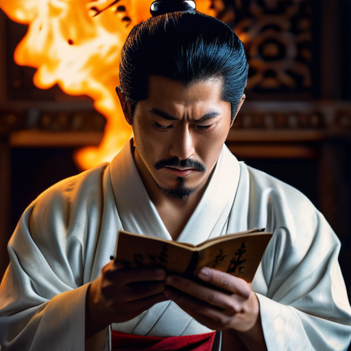 Yoshitsune, looking intently at the scroll, grips it in his hands, his heart beating wildly, a new fire igniting in his eyes.