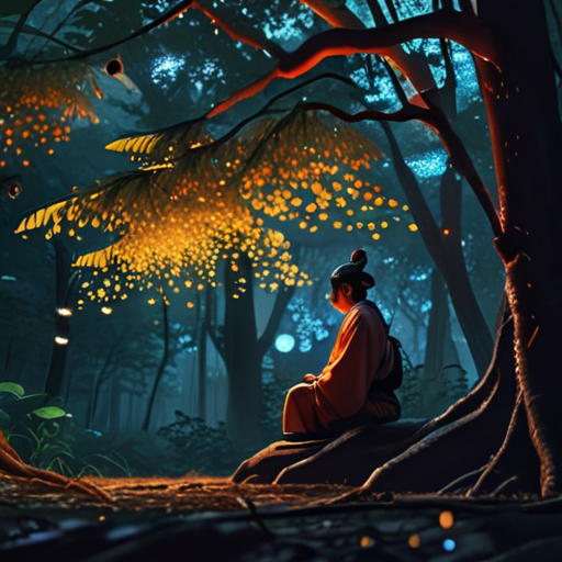 Under the glow of fireflies, Yoshitsune discloses his fears to a close friend, their expressions somber and serious beneath the tree canopy.