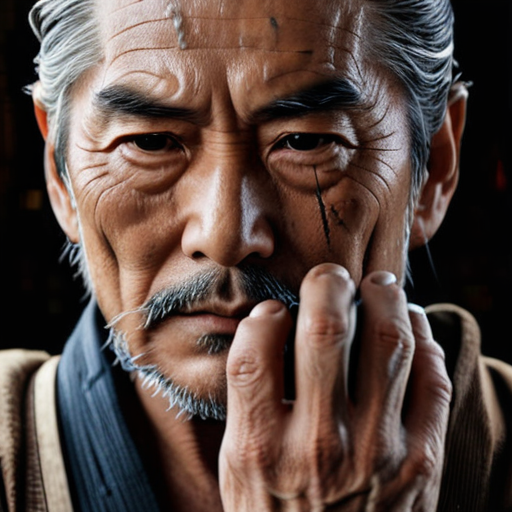 The seasoned samurai, Musashi, extends a wrinkled hand towards Yoshitsune, an expression of assurance etched on his aged face.