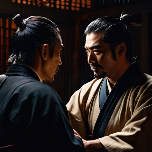 An intense exchange occurs in the dim candlelight, with Musashi's firm hand on Yoshitsune's shoulder as he speaks of the sacred principles of Bushido.