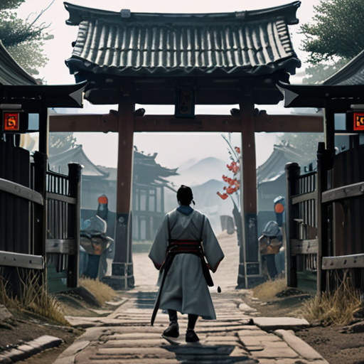 Yoshitsune stands at the village gate, a determined yet anxious look on his face, as he takes a decisive step forward, leaving the familiarity of his village behind.