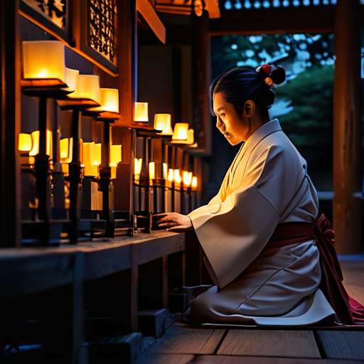 In the soft, flickering candlelight, Yoshitsune bows respectfully before the village deity, his prayerful whispers echoing in the silent shrine.