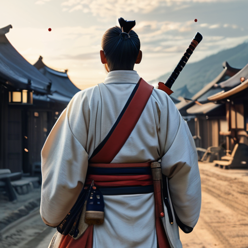 Yoshitsune, with his sword strapped on his back, waves at his village one last time before disappearing into the horizon, his figure outlined against the bright morning sky.