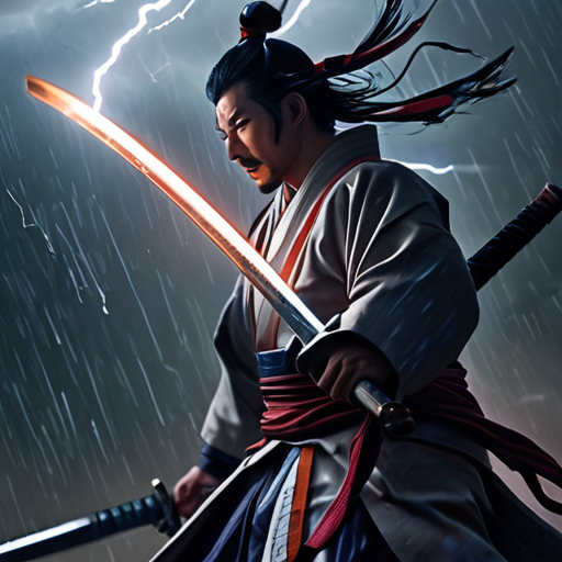 Amidst a tempest, Yoshitsune clashes with a band of rogue ronins, his sword gleaming under the intermittent lightning.