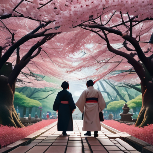 Underneath a majestic Sakura tree, Yoshitsune and the ethereal Kiyoko exchange enigmatic smiles, the map of the realm spread out between them.