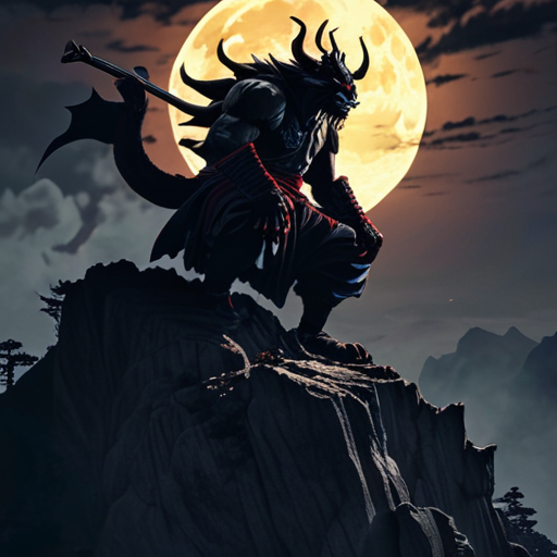 On a treacherous cliff, an enraged Oni towers over Yoshitsune, its humongous form silhouetted against the full moon.