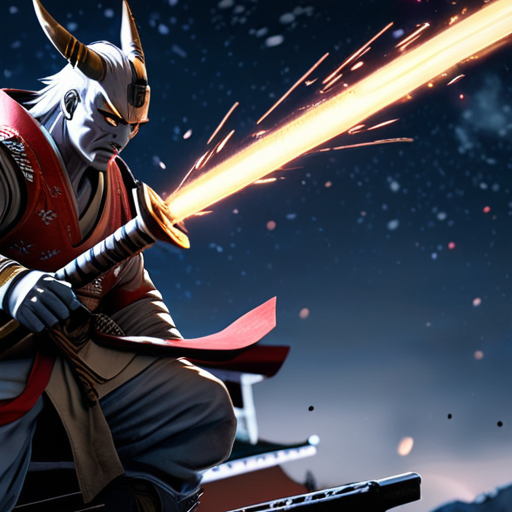 Exhausted but undefeated, Yoshitsune emerges victorious against the Oni, the night sky ablaze with the sparks from their clashing weapons.