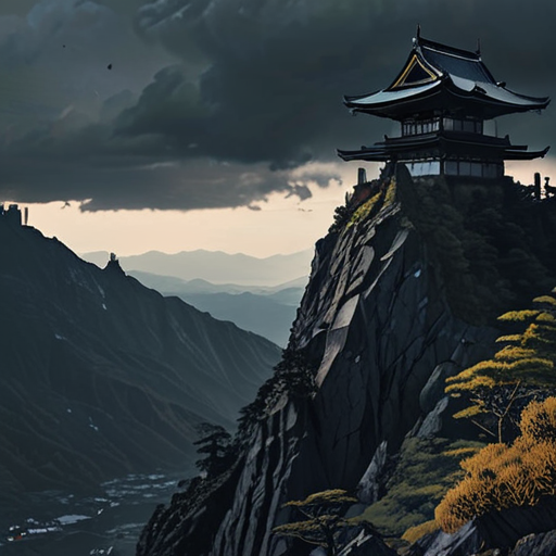 The foreboding fortress stands atop a craggy hill, its silhouette stark against the stormy skyline. Yoshitsune and Kiyoko survey it from a hidden vantage point, their faces marked with anticipation.