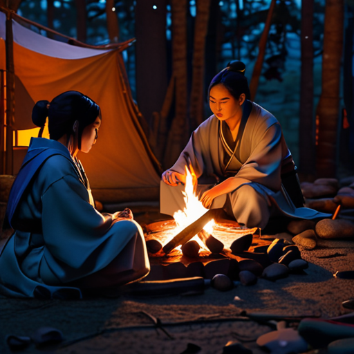 In the dim glow of a makeshift campfire, Yoshitsune and Kiyoko plot their strategy, the fortress' blueprint spread out before them.