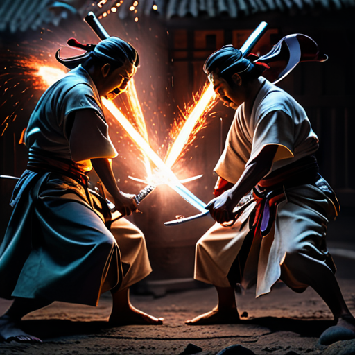 Amid the intense duel, Yoshitsune's sword clashes fiercely with Tomomori's, the sparks from their swords illuminating the eerie darkness.