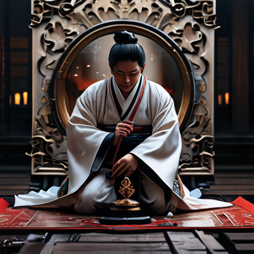 Surrounded by the aftermath of the fierce battle, Yoshitsune kneels, an exhausted yet triumphant figure holding the sacred mirror.