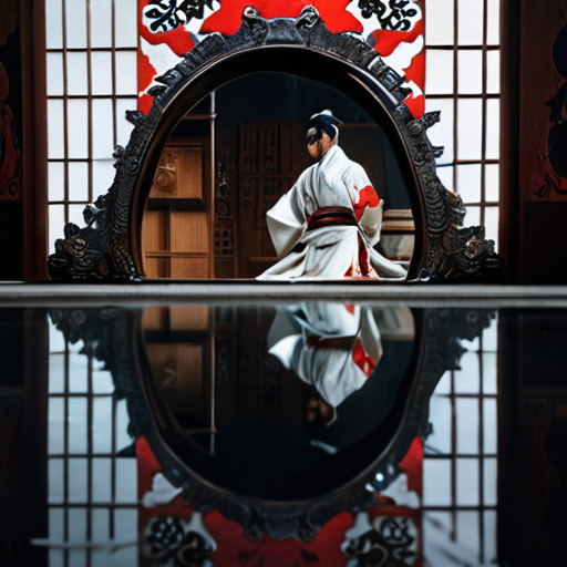 Yoshitsune gazes at his reflection in the sacred mirror, seeing a newfound strength and determination in his eyes.