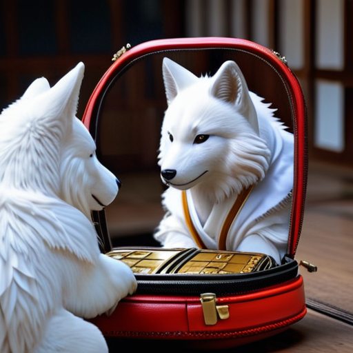 Yoshitsune securely tucks away the sacred mirror inside his travel bag, ensuring its safety for the journey back home.