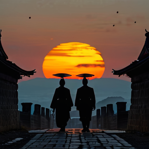 With the first light of dawn breaking across the horizon, Yoshitsune and Kiyoko depart from the fortress, their silhouettes blending into the rising sun.