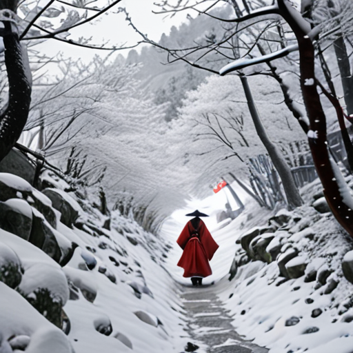 Amidst a flurry of snow, Yoshitsune and Kiyoko navigate a treacherous mountain path, their resolve tested by the harsh elements.