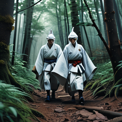 Tired but triumphant, Yoshitsune and Kiyoko forge ahead through a dense forest, their shared determination visible in their intense gazes.