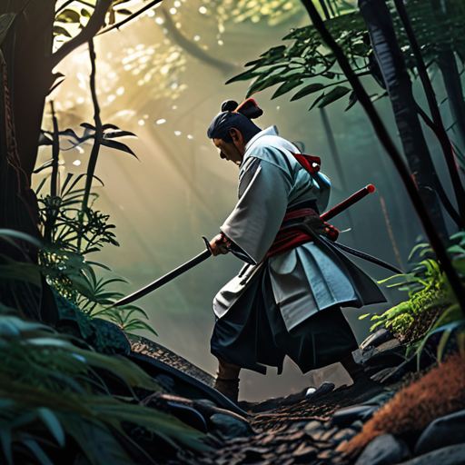 Using every skill learned from Musashi, Yoshitsune fiercely battles the adversaries amidst the thick underbrush, his blade a shimmering arc in the fading light.