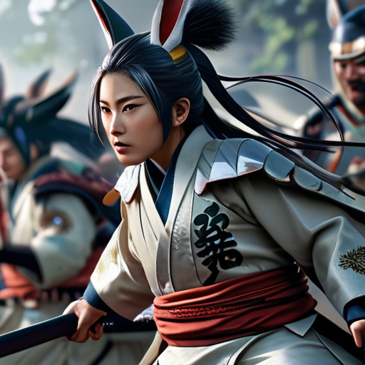 Back-to-back, Yoshitsune and Kiyoko face their assailants, their synergy as they defend and counterattack creating a formidable force.