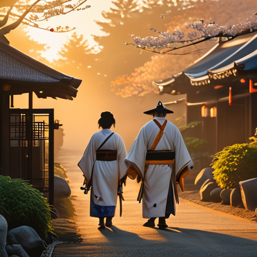 At the village entrance, Yoshitsune and Kiyoko emerge from the morning mist, their weary faces illuminated by the soft, golden glow of dawn.