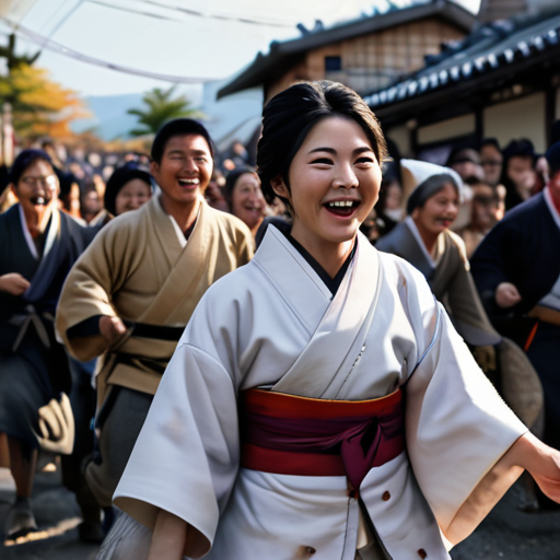 The villagers rush towards Yoshitsune and Kiyoko, their faces aglow with joy and relief, their cheers and applause reverberating through the air.