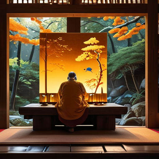 In the sacred quietness of the shrine, the village elder places the retrieved mirror on its altar, its divine glow bathing Yoshitsune in a golden aura.