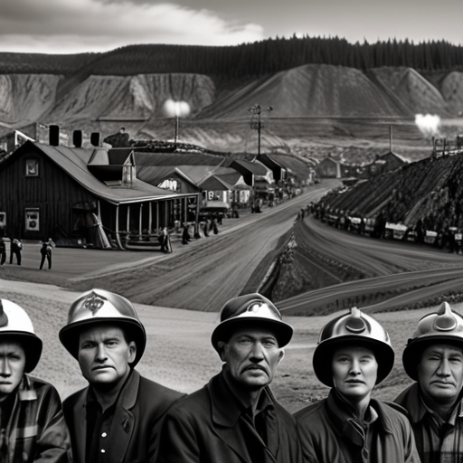 A panoramic view of the quaint coal mining town of Blackfoot, with worried residents huddled in small groups, their faces etched with anxiety against the backdrop of coal mines.