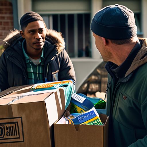 Community members handing over supplies to Brian, their expressions a mix of hope and fear as they watch him prepare for his journey.