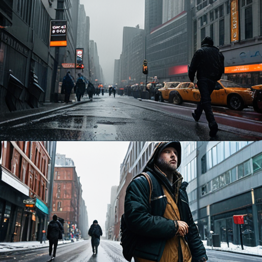 A montage of shots showcasing Brian's journey; his figure trekking across various landscapes, facing harsh weather conditions, and navigating bustling city streets.