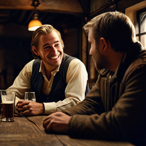 Brian and Arthur, under a dimly-lit tavern, engaged in intense conversation, Arthur's skeptical face slowly softening into a smile of agreement.