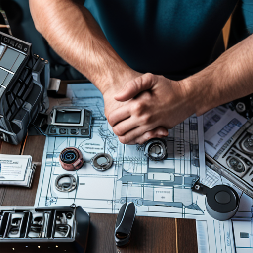 Toby, surrounded by all sorts of gadgets and blueprints, shaking hands with Brian in agreement to help.