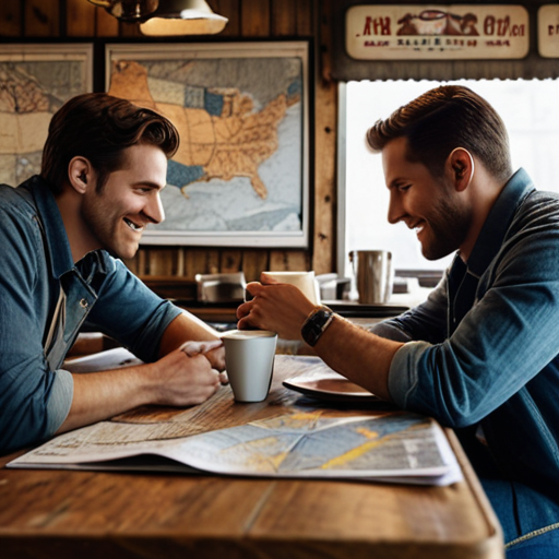 Brian and Sam in a rustic diner, surrounded by maps and blueprints, shaking hands over their coffee cups as they finalize the deal.