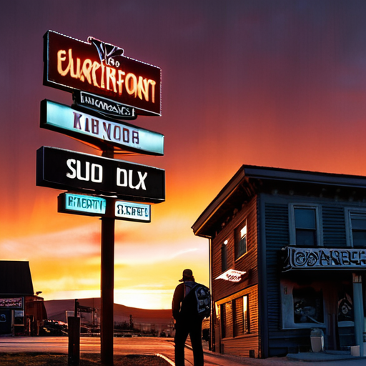 Brian leading his eclectic team into Blackfoot, the town's sign swinging overhead, their diverse silhouettes illuminated by the sunset.