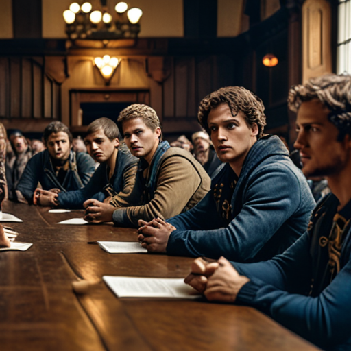 The warriors, sitting around a large table in the town hall, passionately sharing their stories to a captivated audience of townsfolk.