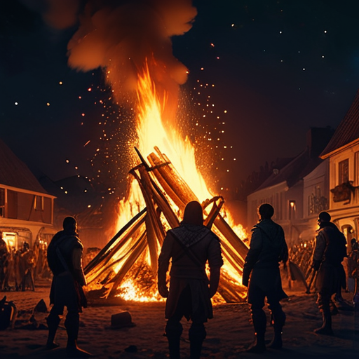 A large bonfire in the town's center, the warriors and townsfolk laughing and eating together, creating a warm glow against the night sky.