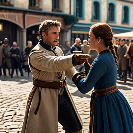 Arthur and Lily demonstrating various combat techniques to a group of focused and determined town residents in the town square.