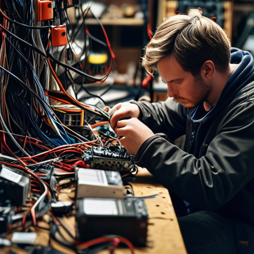 Toby hard at work amidst a plethora of wires and tools, putting together a makeshift alarm device.