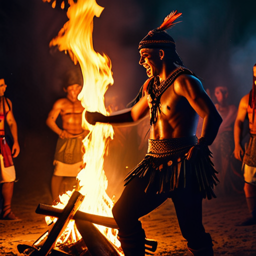 The warriors and townsfolk engaged in a traditional dance around the bonfire, their faces lit up with joy and camaraderie.