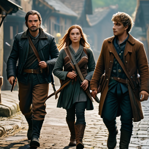 Brian, Arthur, Lily, Toby, and Sam, weapons in hand, leading the townsfolk towards strategic positions as per Sam's defense plan.