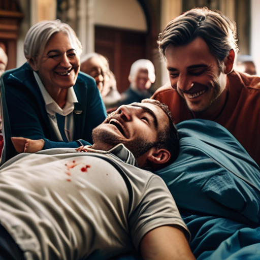 A moment of respite in the town hall, people tending to the injured, others exchanging relieved smiles after the initial success.