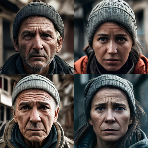 Residents working together to repair damaged buildings, their faces displaying a mix of sorrow and resilience.