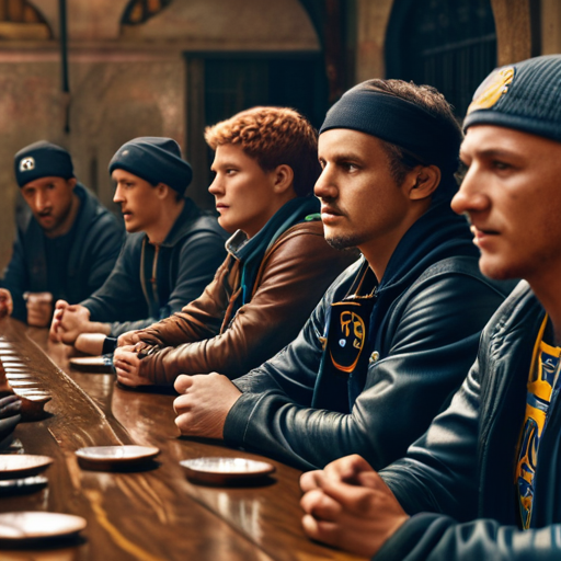 The warriors seated at the head of a long table, their faces reflecting the warmth of the community as they receive tokens from the residents.